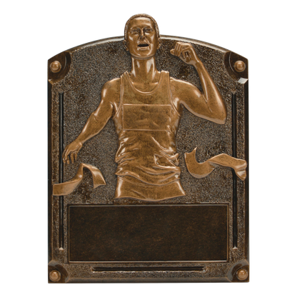 Legends of Fame track plaque with a bronze high-relief male runner breaking the finish tape and an engraving area