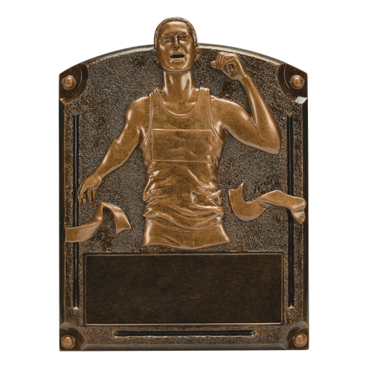 Legends of Fame track plaque with a bronze high-relief male runner breaking the finish tape and an engraving area