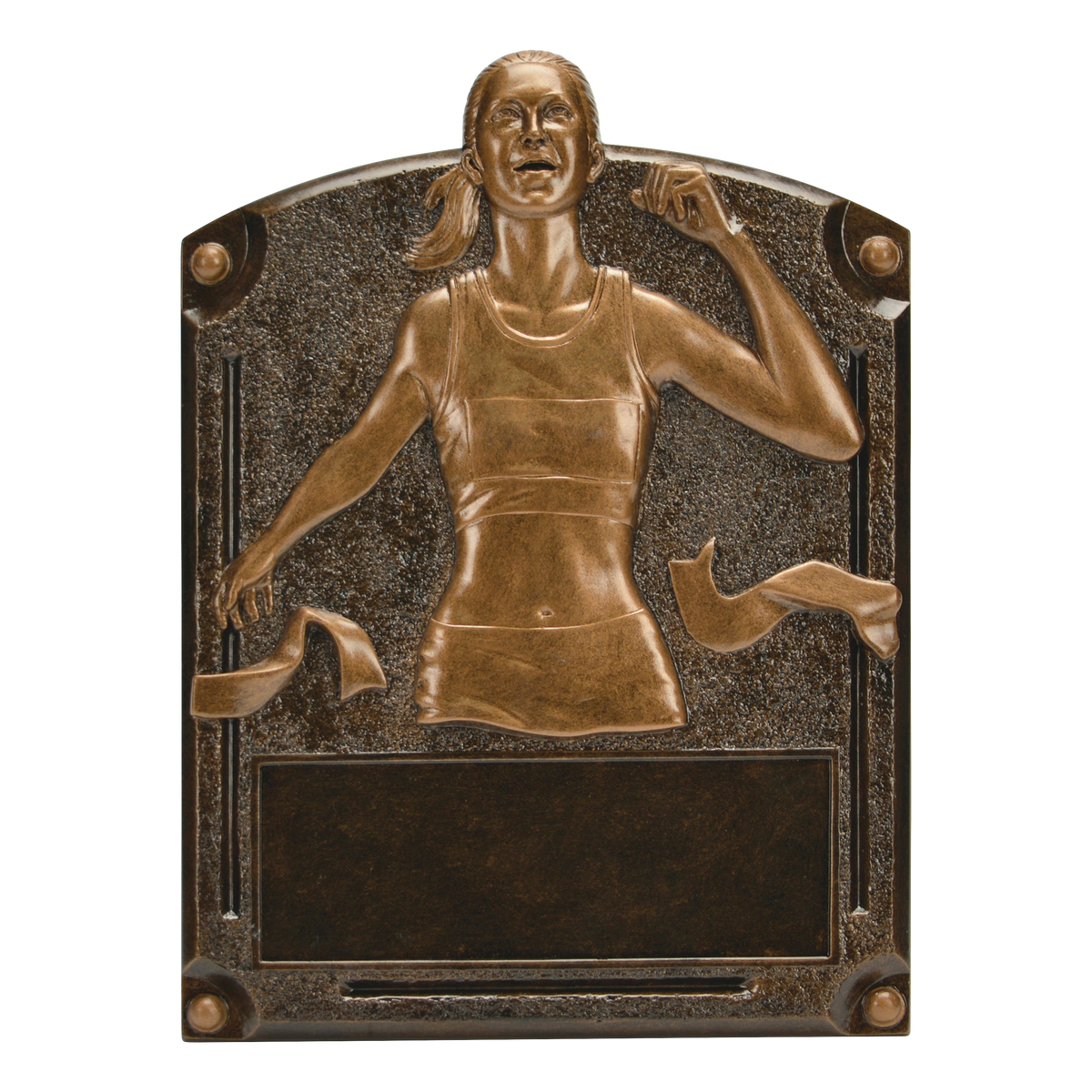 Legends of Fame track plaque with a bronze high-relief female runner breaking the finish tape and an engraving area