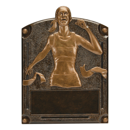 Legends of Fame track plaque with a bronze high-relief female runner breaking the finish tape and an engraving area