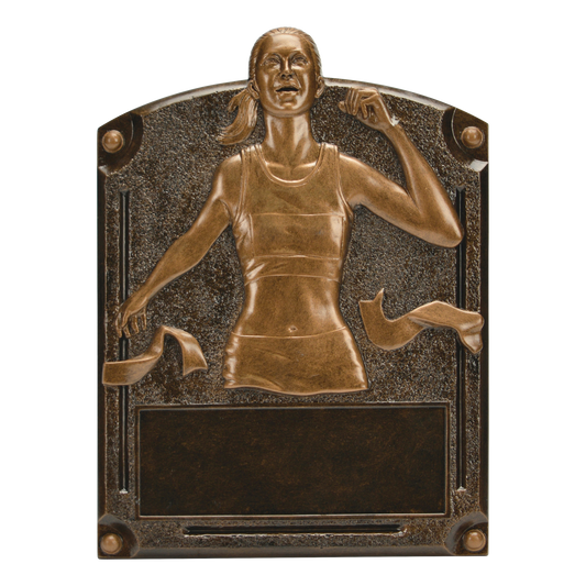 Legends of Fame track plaque with a bronze high-relief female runner breaking the finish tape and an engraving area