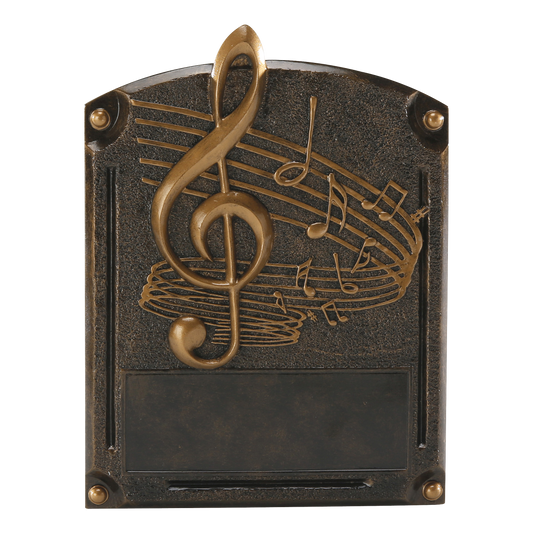 Legends of Fame music plaque with a bronze treble clef and notes and an engraving area
