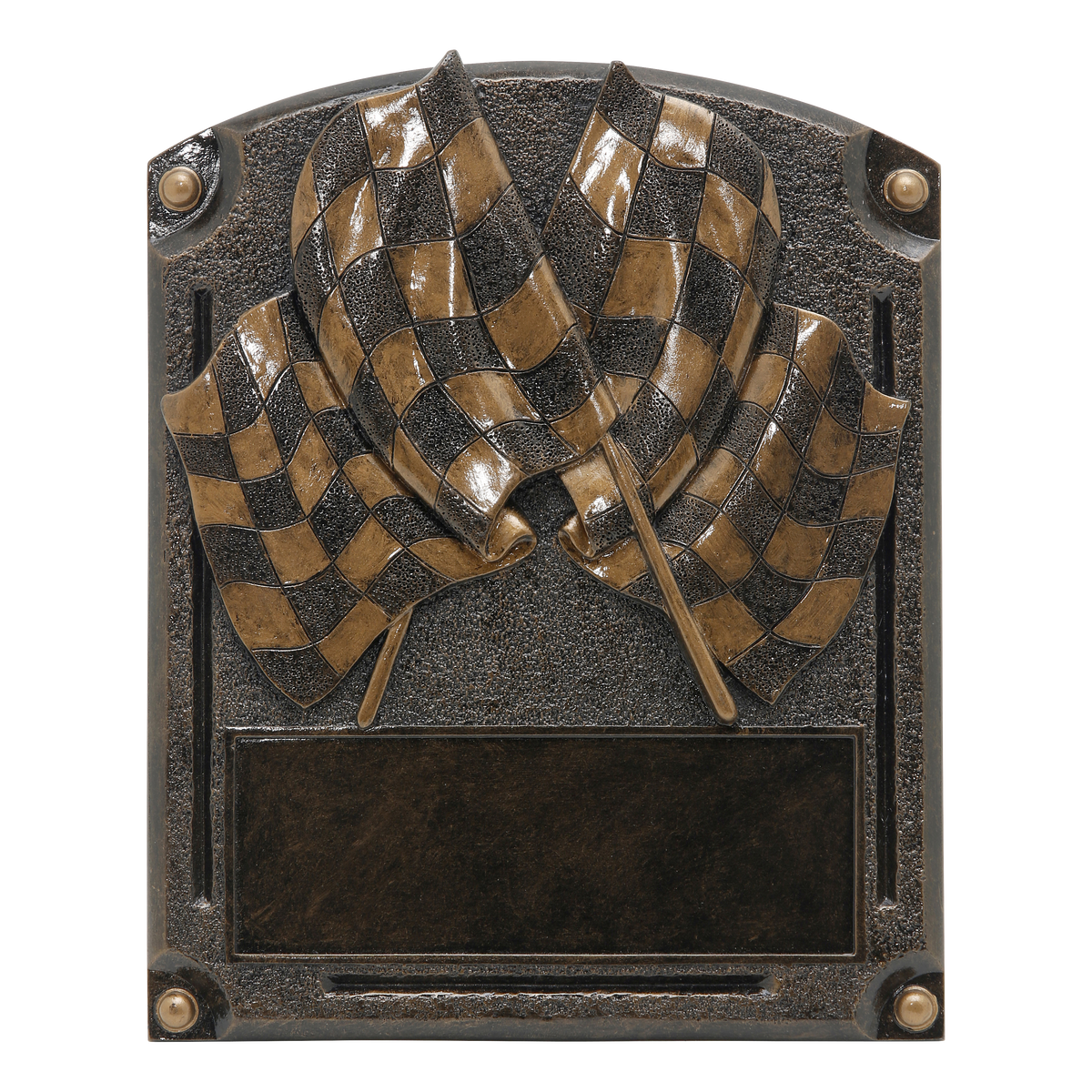 Legends of Fame racing plaque with bronze high-relief crossed checkered flags and an engraving area