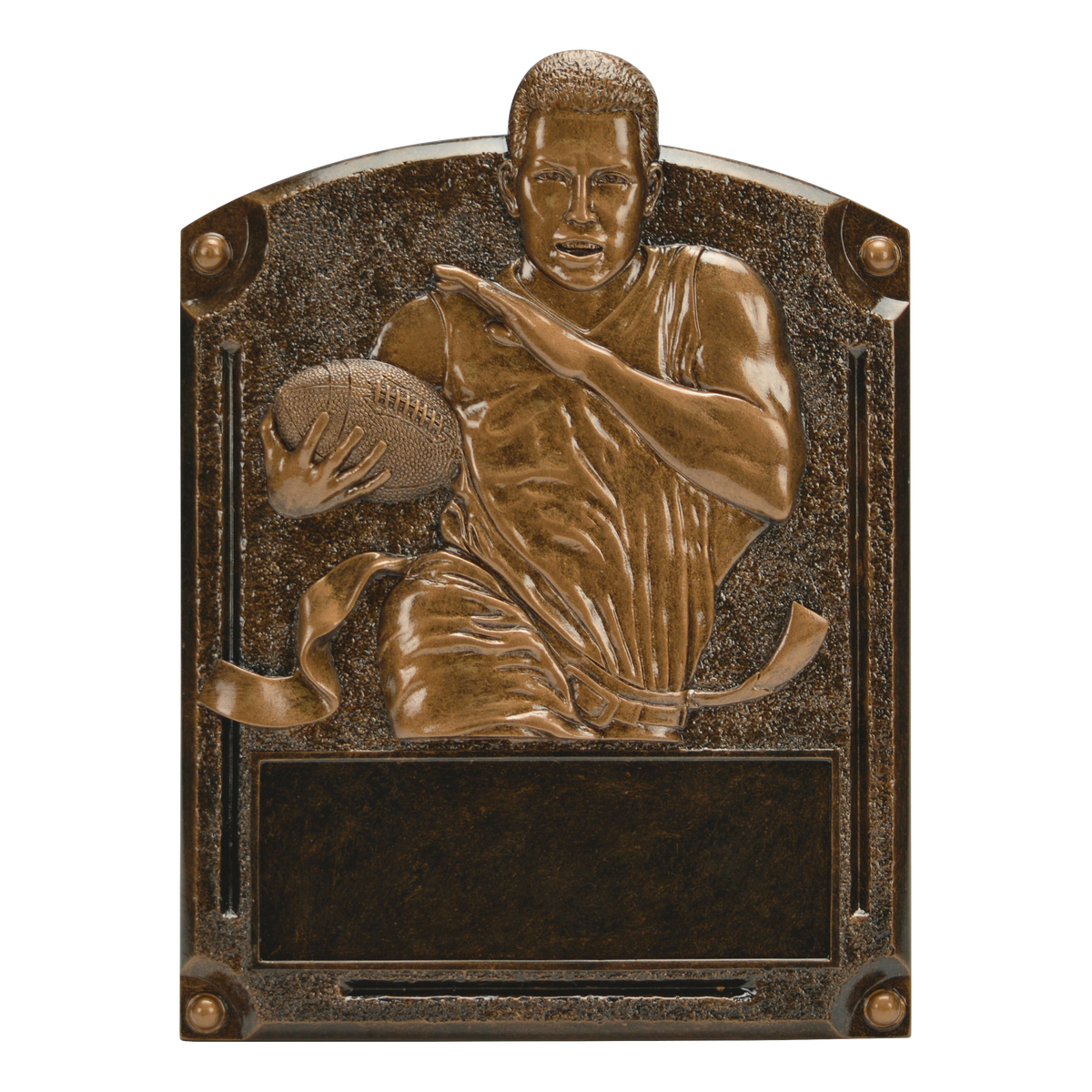 Legends of Fame flag football plaque with a bronze high-relief ball carrier and an engraving area
