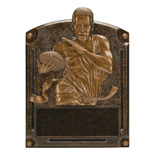 Legends of Fame flag football plaque with a bronze high-relief ball carrier and an engraving area