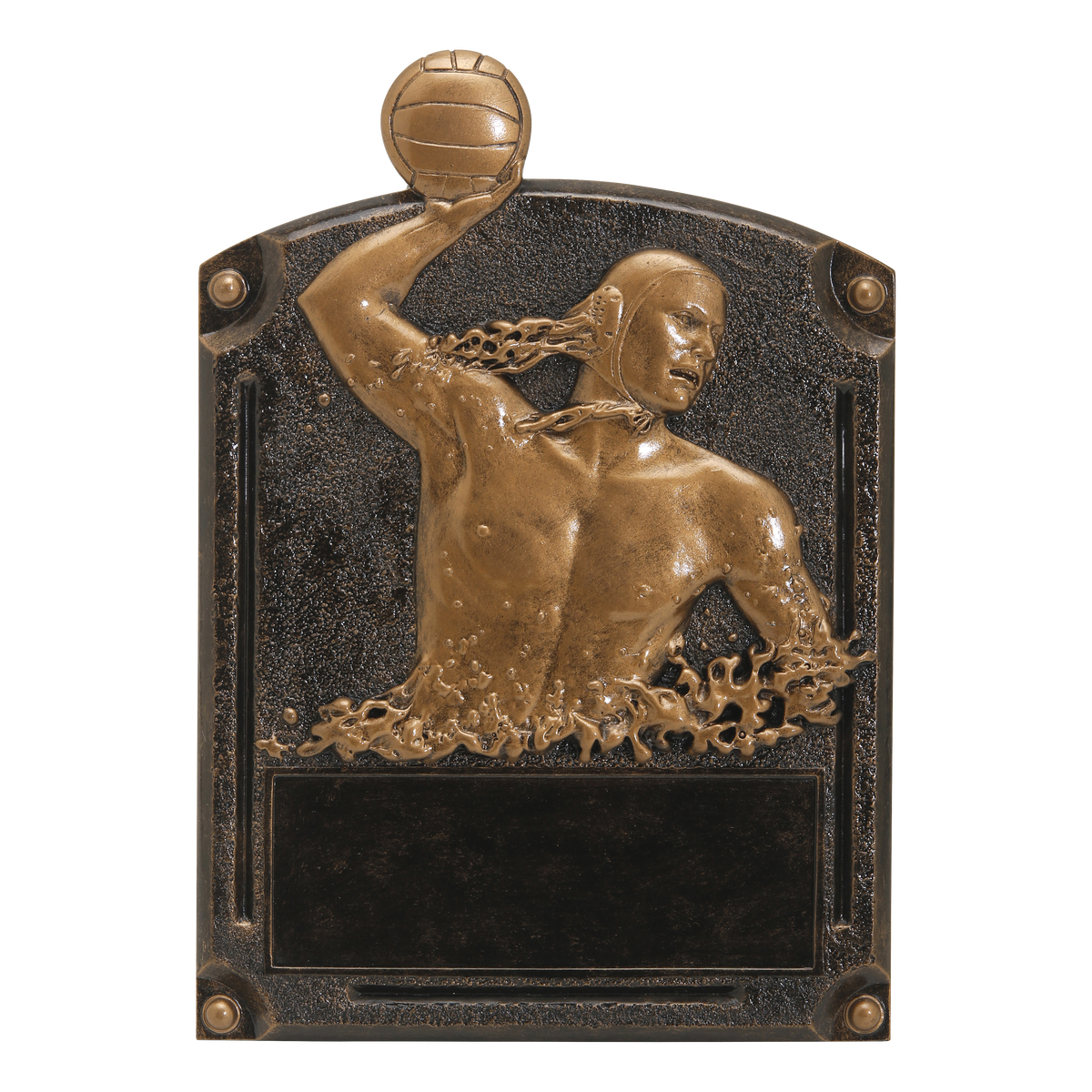 Legends of Fame water polo plaque with a male player in bronze high relief and an engraving area