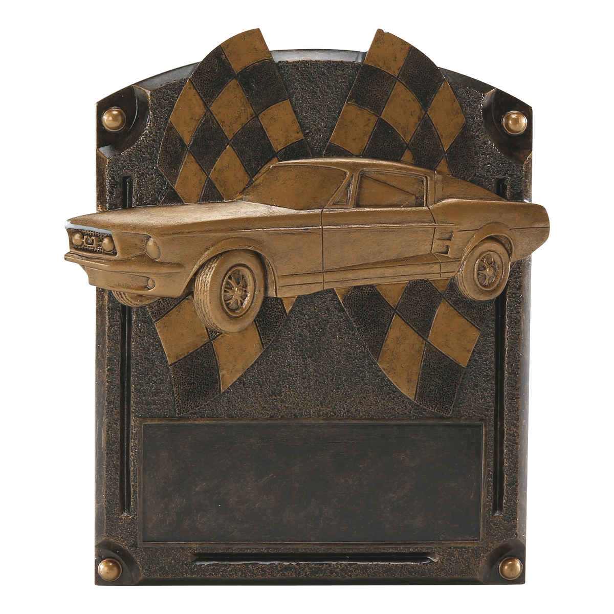 Legends of Fame muscle car plaque with a bronze high-relief fastback and checkered flags