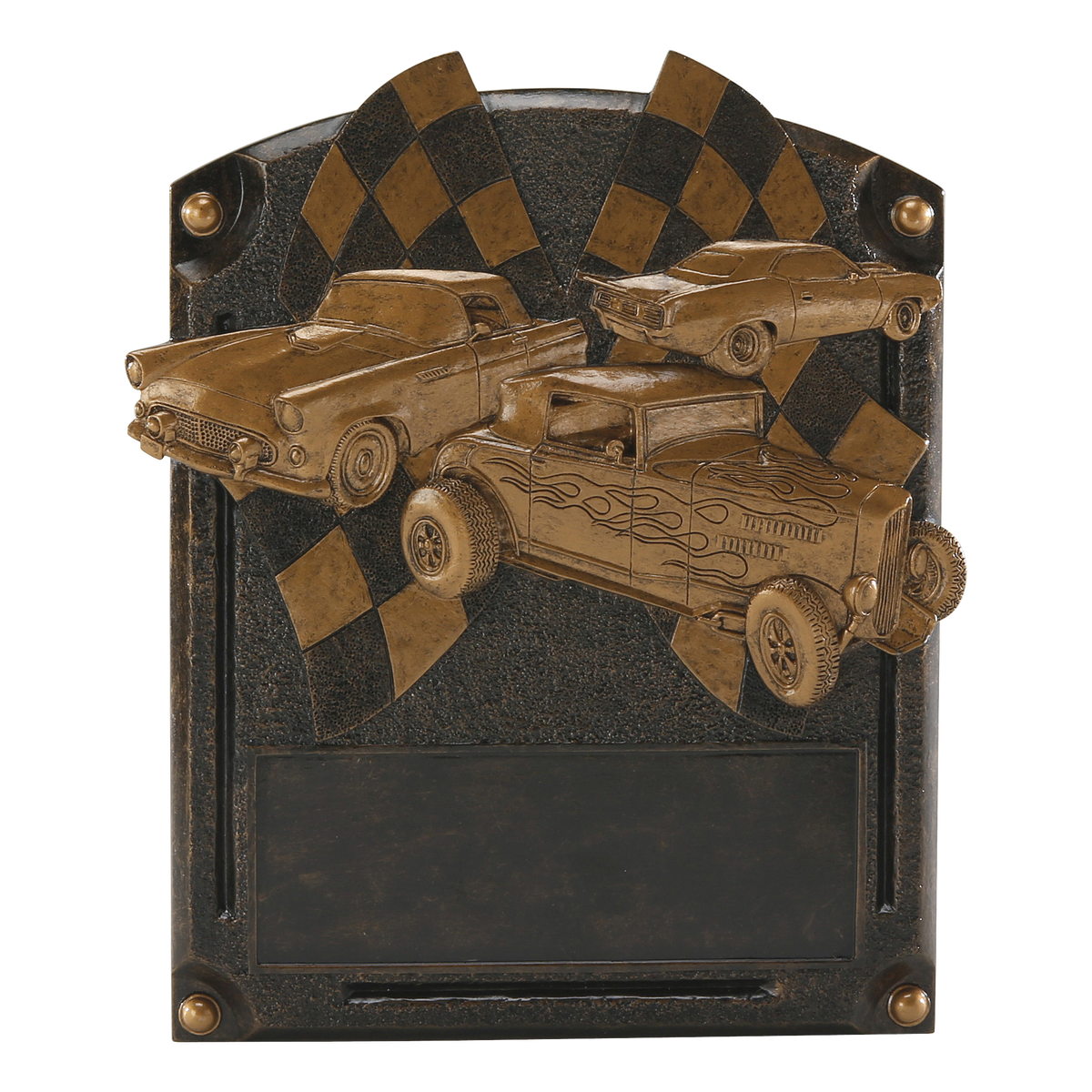 Legends of Fame car show plaque with bronze classic cars and checkered flags, 8 inch