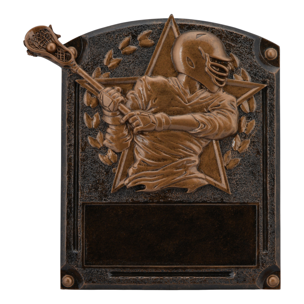 Legends of Fame lacrosse plaque with a bronze high-relief male player and an engraving area