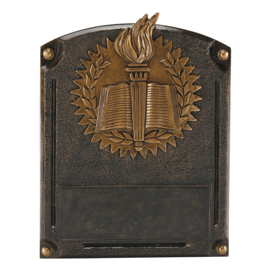 Legends of Fame academic plaque with a bronze torch and open book in a laurel wreath and an engraving area