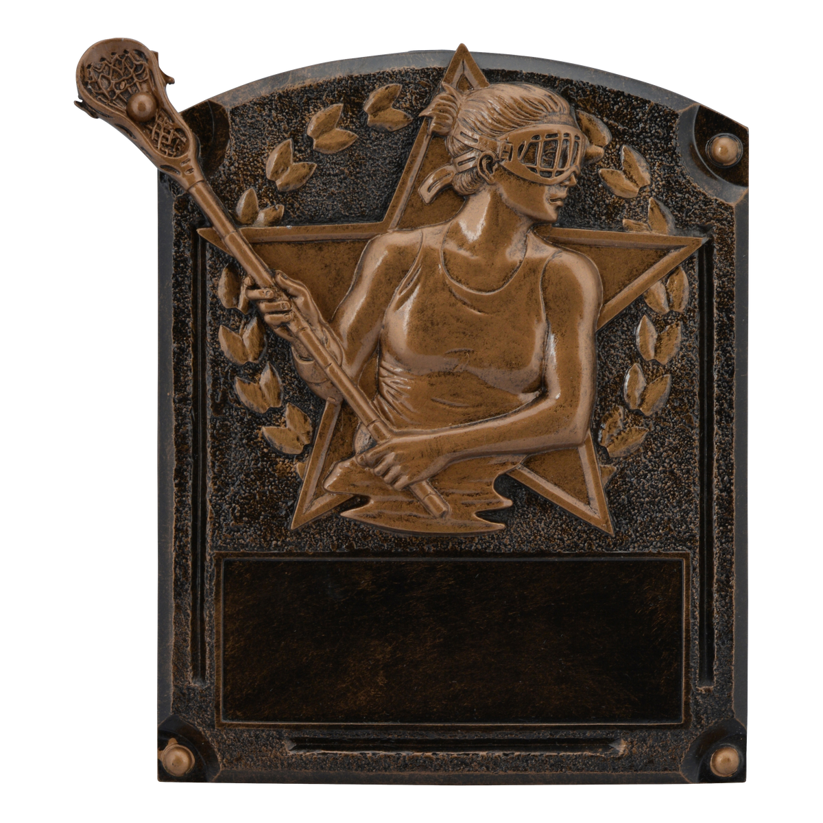 Legends of Fame lacrosse plaque with a bronze high-relief female player and an engraving area