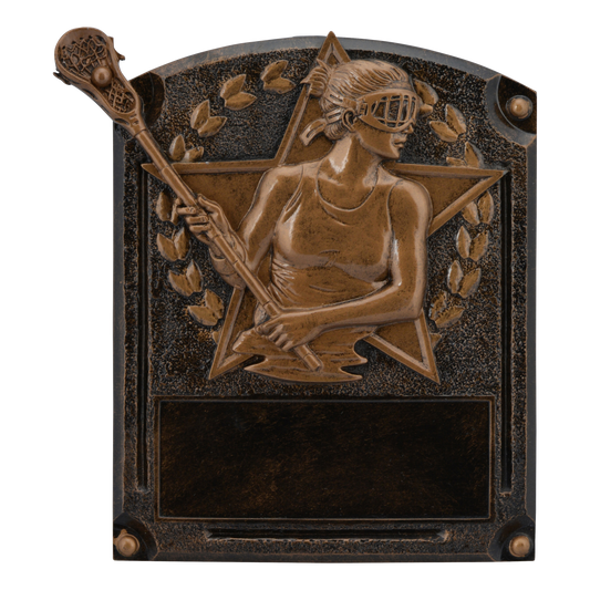 Legends of Fame lacrosse plaque with a bronze high-relief female player and an engraving area