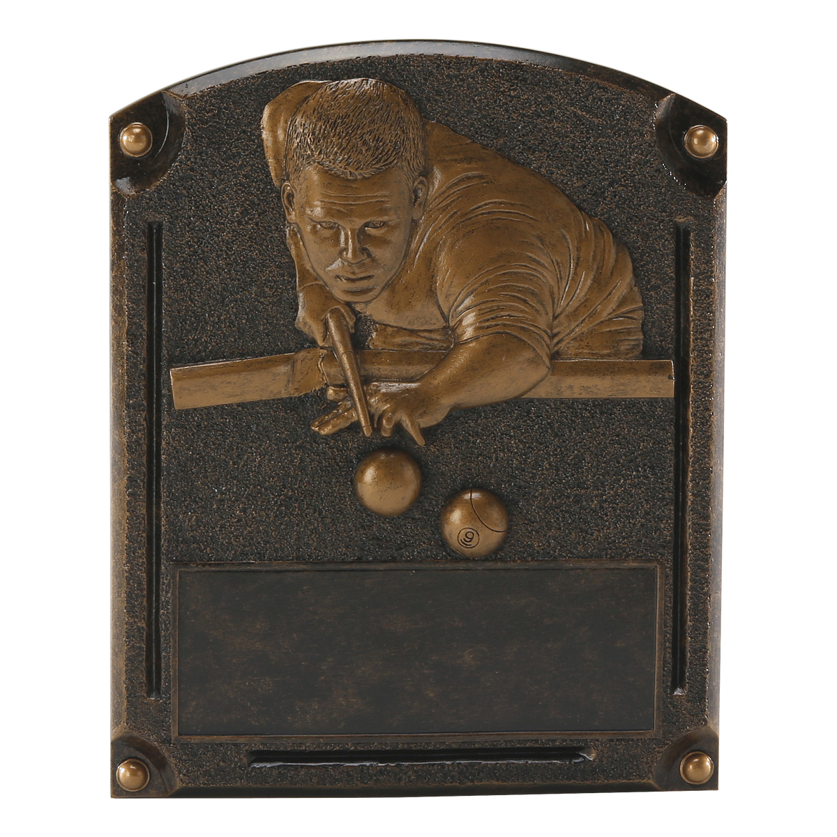 Legends of Fame billiards plaque with a bronze high-relief male pool player and an engraving area