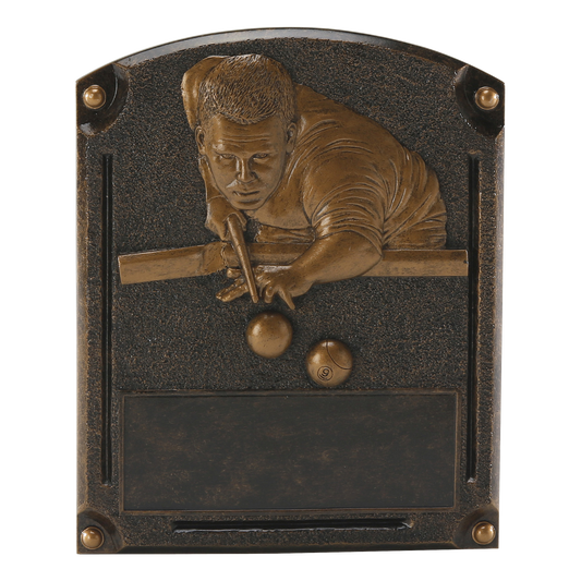 Legends of Fame billiards plaque with a bronze high-relief male pool player and an engraving area