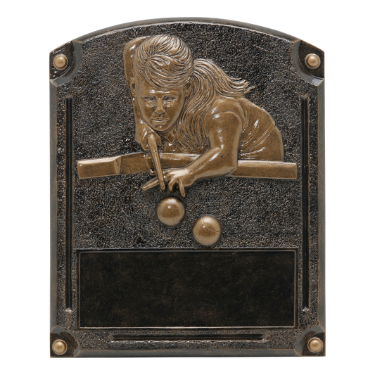 Legends of Fame billiards plaque with a bronze high-relief female pool player and an engraving area