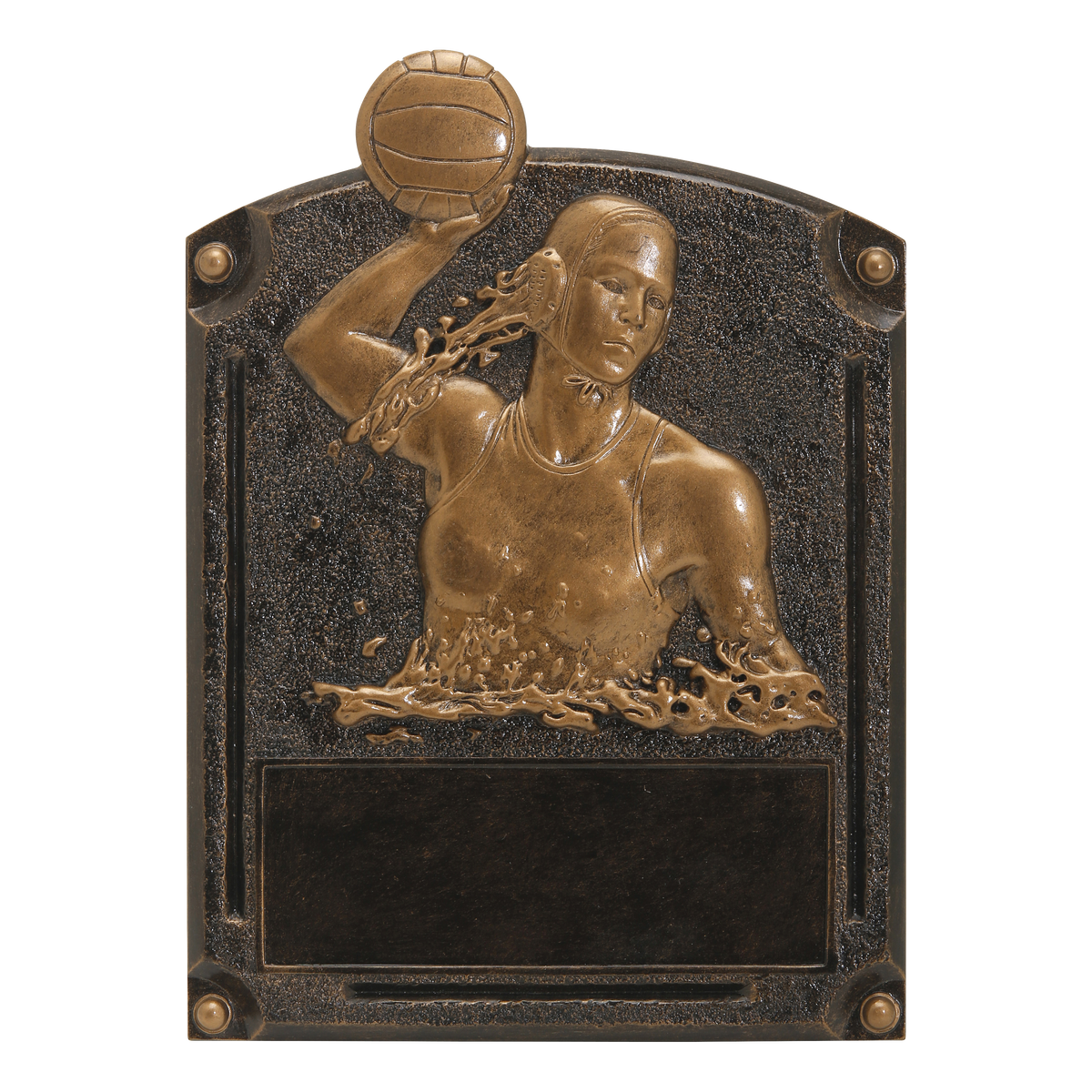 Legends of Fame water polo plaque with a female player in bronze high relief and an engraving area