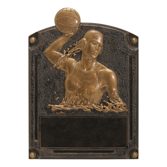 Legends of Fame water polo plaque with a female player in bronze high relief and an engraving area