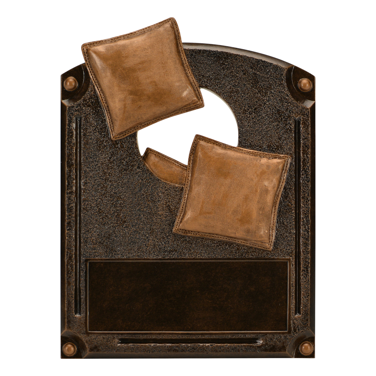 Legends of Fame cornhole plaque with bronze high-relief bean bags and an engraving area