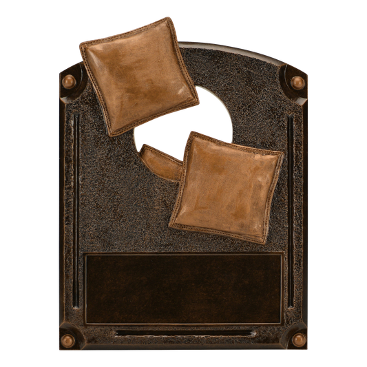 Legends of Fame cornhole plaque with bronze high-relief bean bags and an engraving area