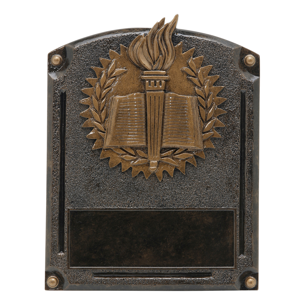 Legends of Fame academic plaque with a bronze torch and open book in a laurel wreath, 5 inch size