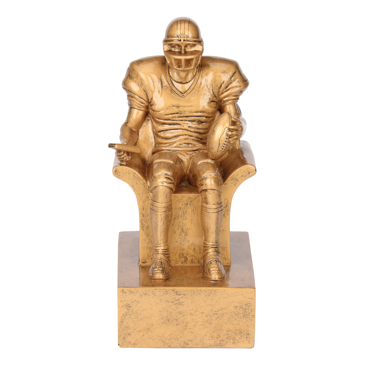 Bright gold cast resin fantasy football armchair trophy, shown from the front