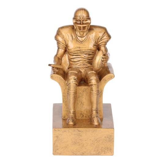 Bright gold cast resin fantasy football armchair trophy, shown from the front