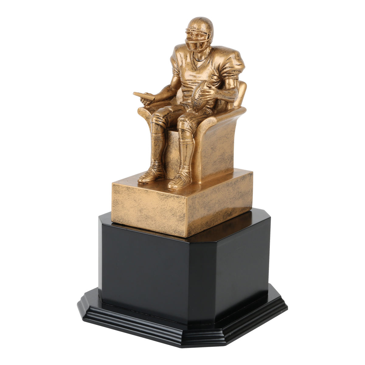 Gold fantasy football armchair trophy shown on an optional black monument base, left view