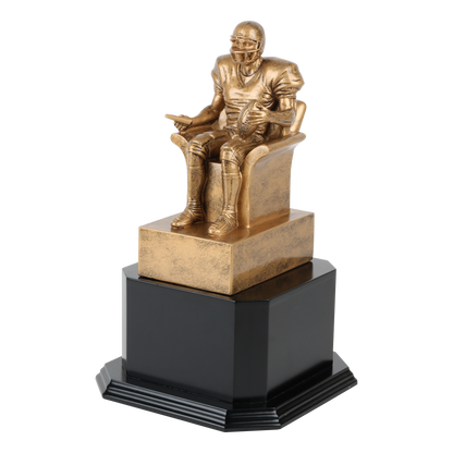 Gold fantasy football armchair trophy shown on an optional black monument base, left view