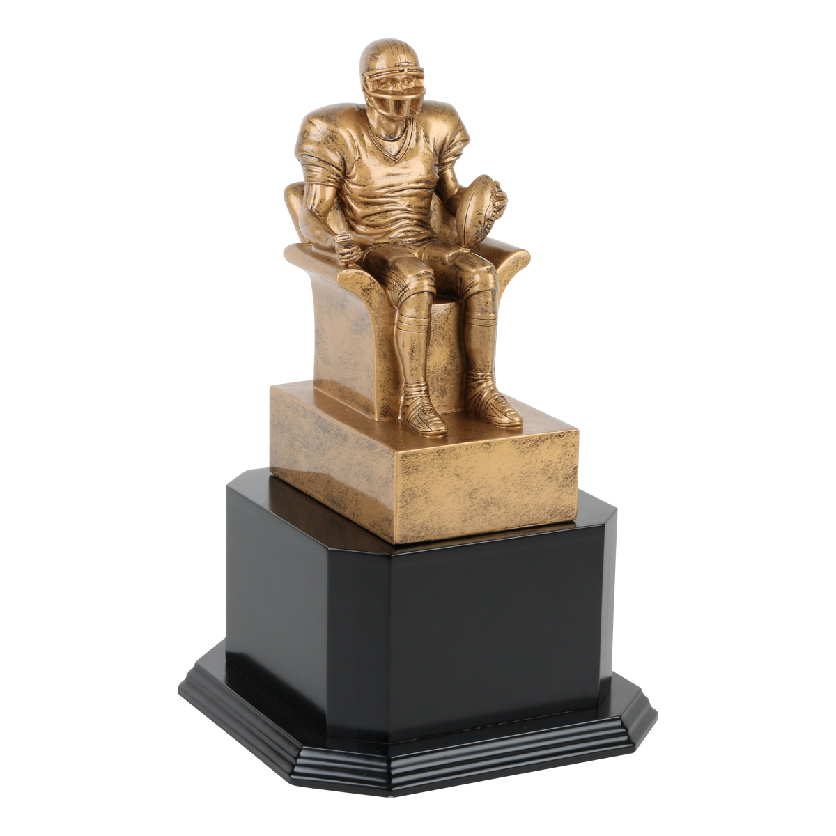 Gold fantasy football armchair trophy shown on an optional black monument base, right view