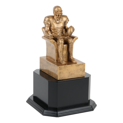 Gold fantasy football armchair trophy shown on an optional black monument base, right view