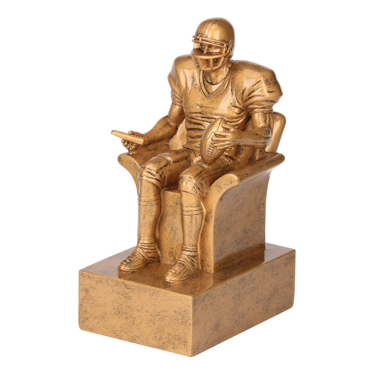 Gold fantasy football armchair trophy viewed from the left, showing the sculpted detail