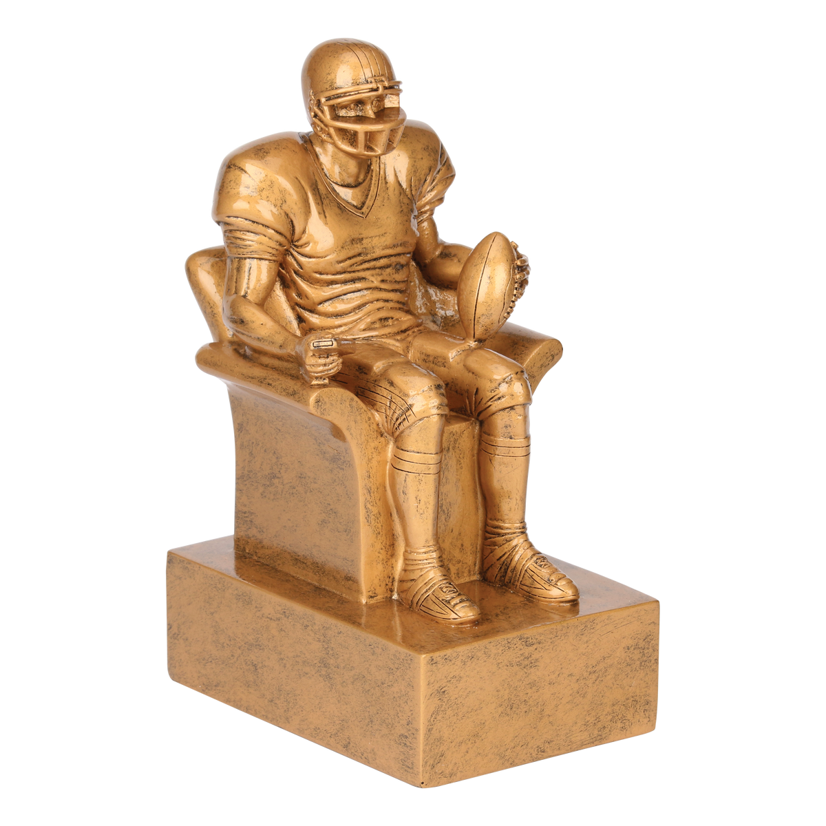 Gold fantasy football armchair trophy viewed from the right, showing the sculpted detail