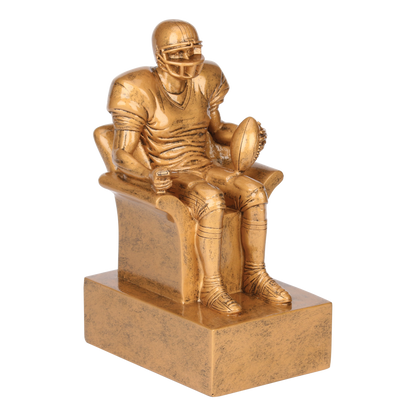 Gold fantasy football armchair trophy viewed from the right, showing the sculpted detail
