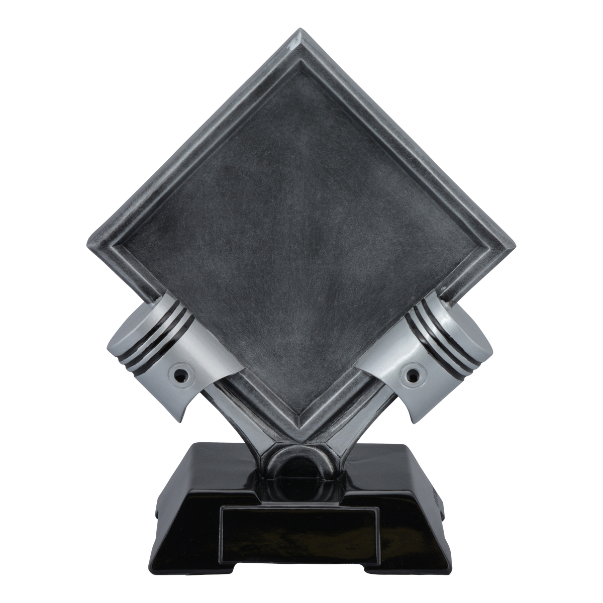 Diamond motorsports trophy with crossed silver pistons and a diamond engraving plate, 10 1/2 inch