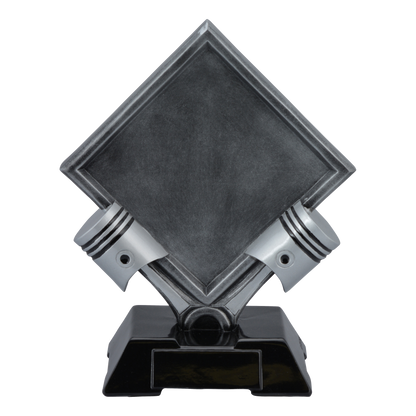 Diamond motorsports trophy with crossed silver pistons and a diamond engraving plate, 10 1/2 inch
