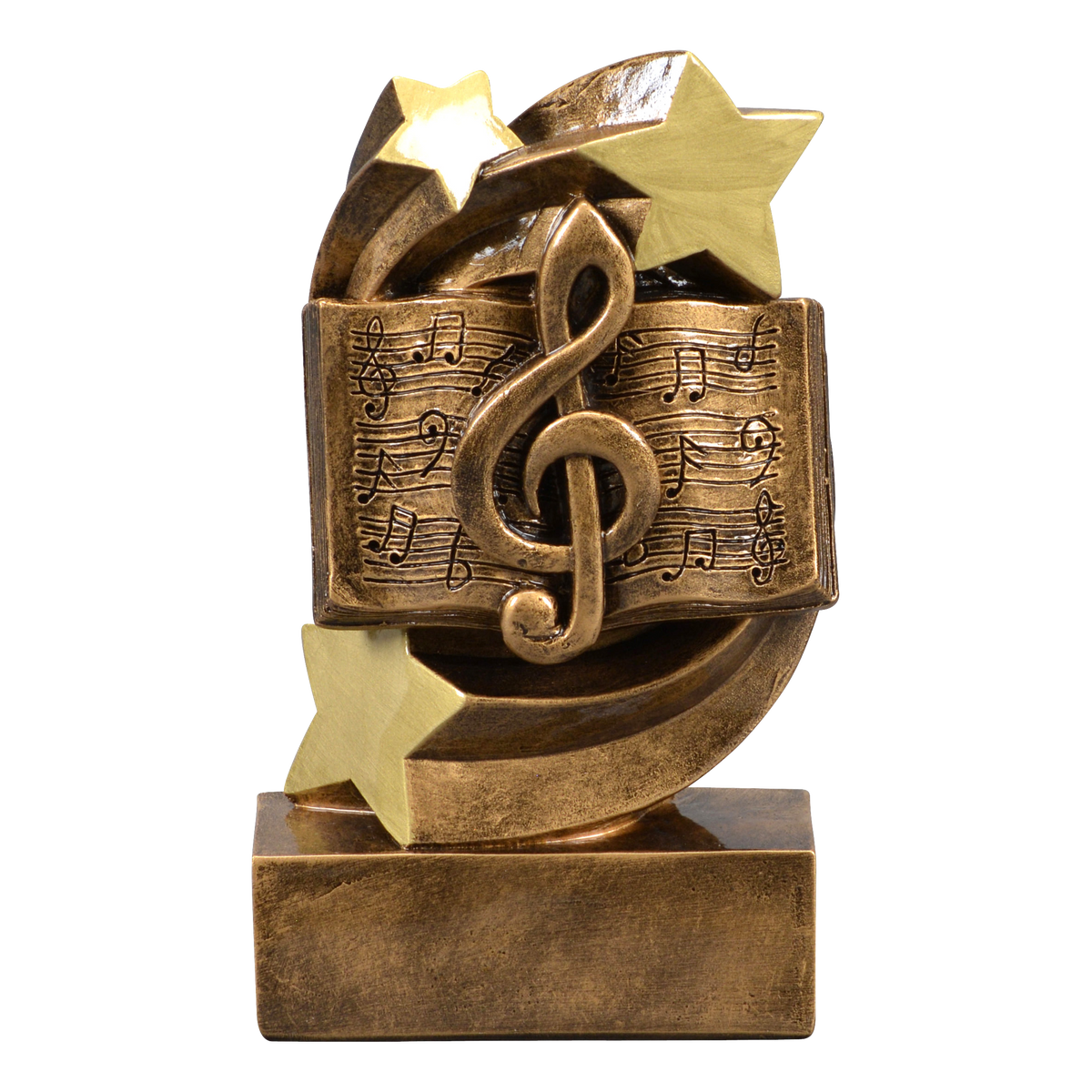 Star Swirl music trophy with sheet music and a treble clef in a gold star swirl
