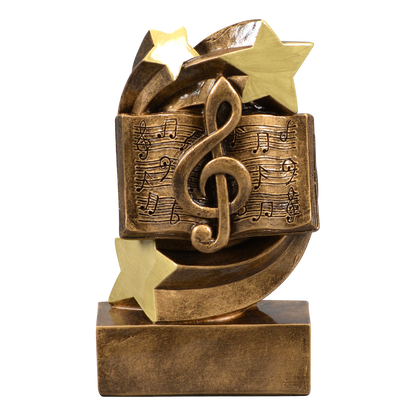 Star Swirl music trophy with sheet music and a treble clef in a gold star swirl