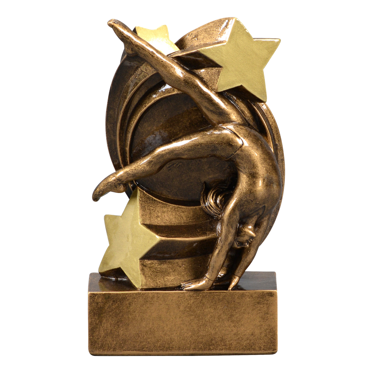 Star Swirl gymnastics trophy with a bronze gymnast in a back walkover and a gold star swirl