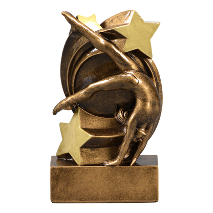 Star Swirl gymnastics trophy with a bronze gymnast in a back walkover and a gold star swirl