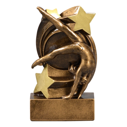 Star Swirl gymnastics trophy with a bronze gymnast in a back walkover and a gold star swirl