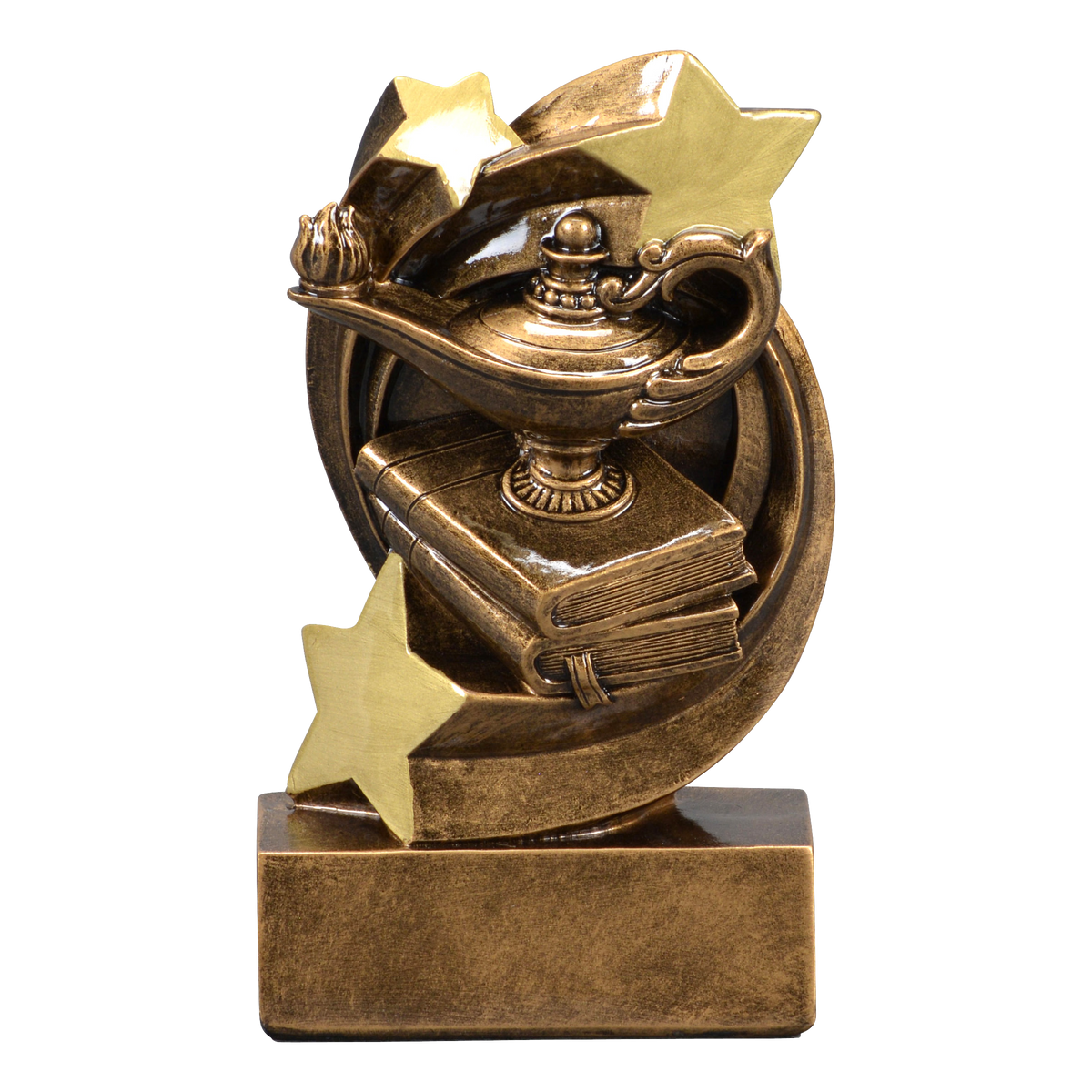 Star Swirl academic trophy with a lamp of knowledge on books in a gold star swirl
