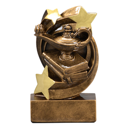Star Swirl academic trophy with a lamp of knowledge on books in a gold star swirl