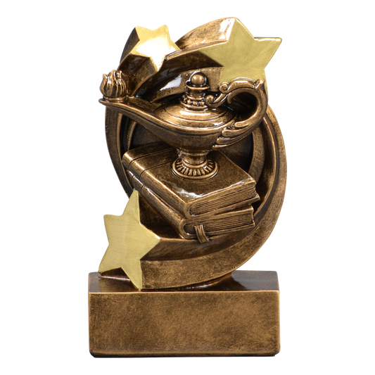 Star Swirl academic trophy with a lamp of knowledge on books in a gold star swirl