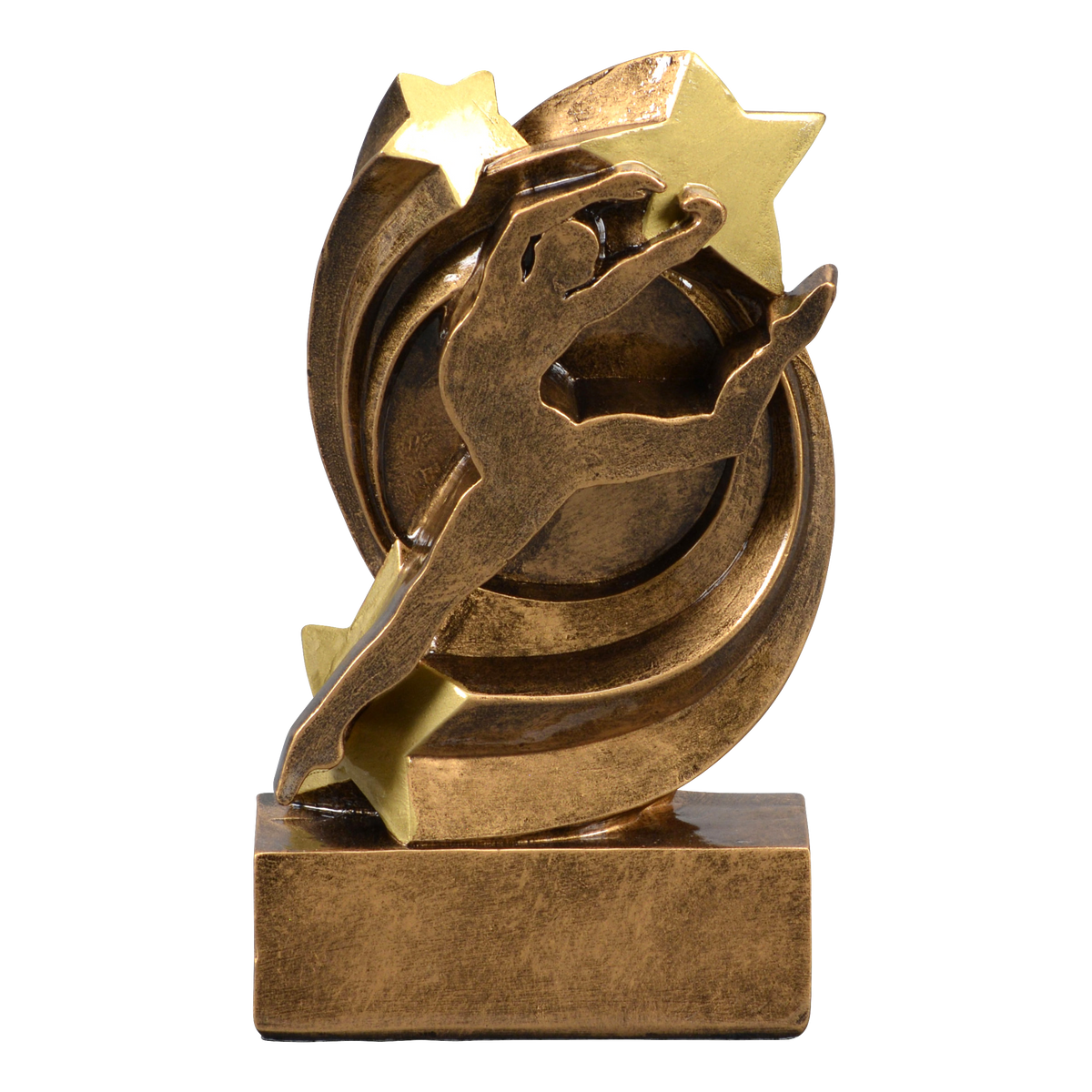 Star Swirl dance trophy with a bronze leaping dancer and a gold star swirl