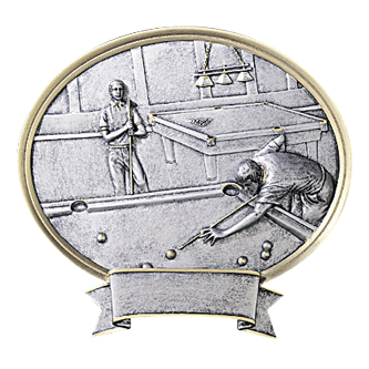 Oval billiards award with a male pool player in silver relief, 6 1/2 inch