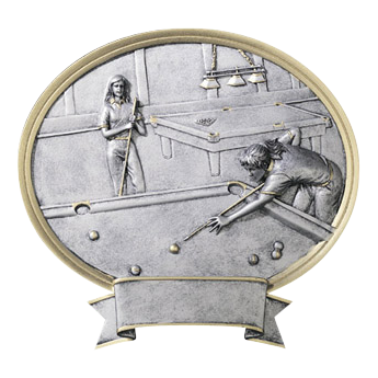 Oval billiards award with a female pool player in silver relief, 6 1/2 inch
