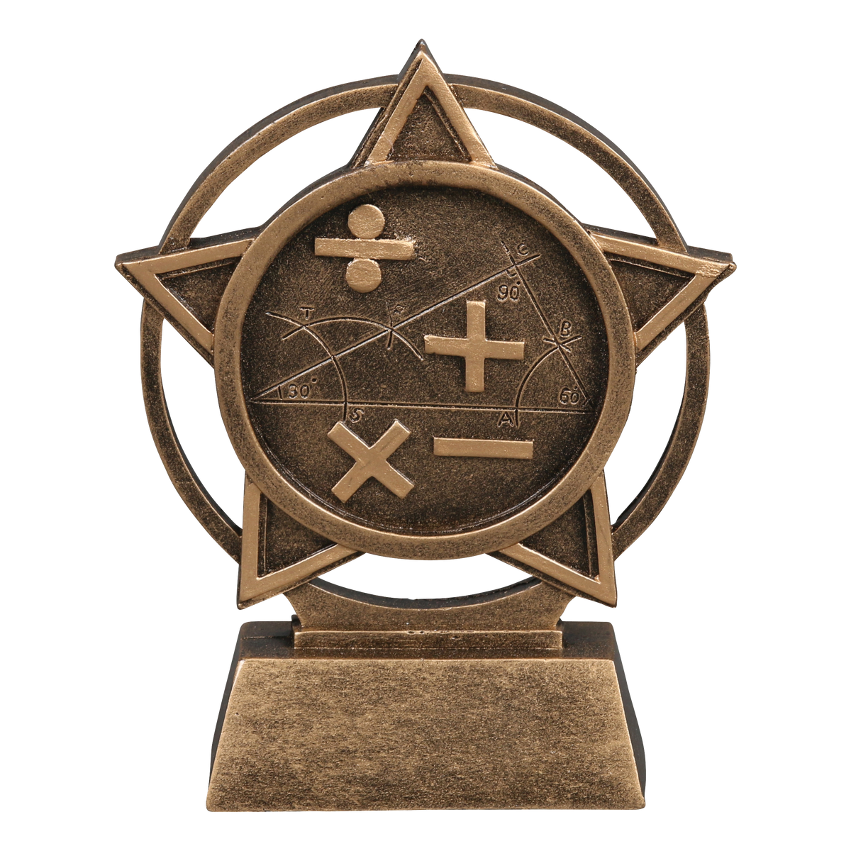 Orbit math trophy with plus, minus, times and divide symbols inside a bronze star ring