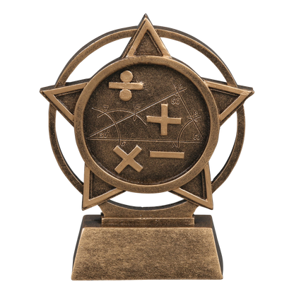 Orbit math trophy with plus, minus, times and divide symbols inside a bronze star ring