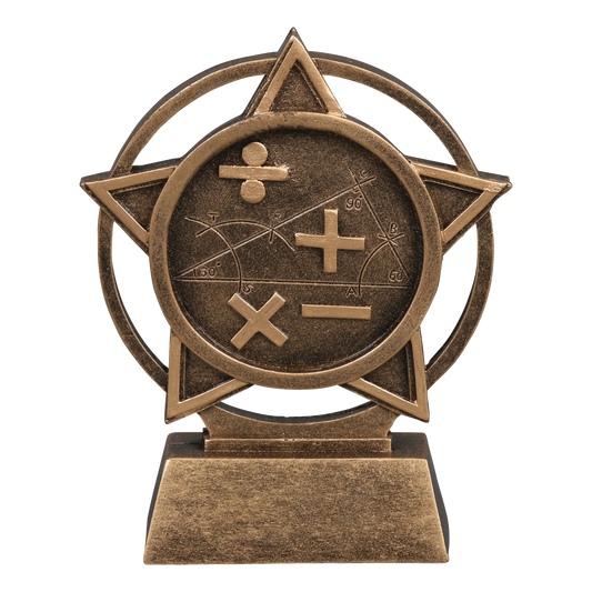 Orbit math trophy with plus, minus, times and divide symbols inside a bronze star ring