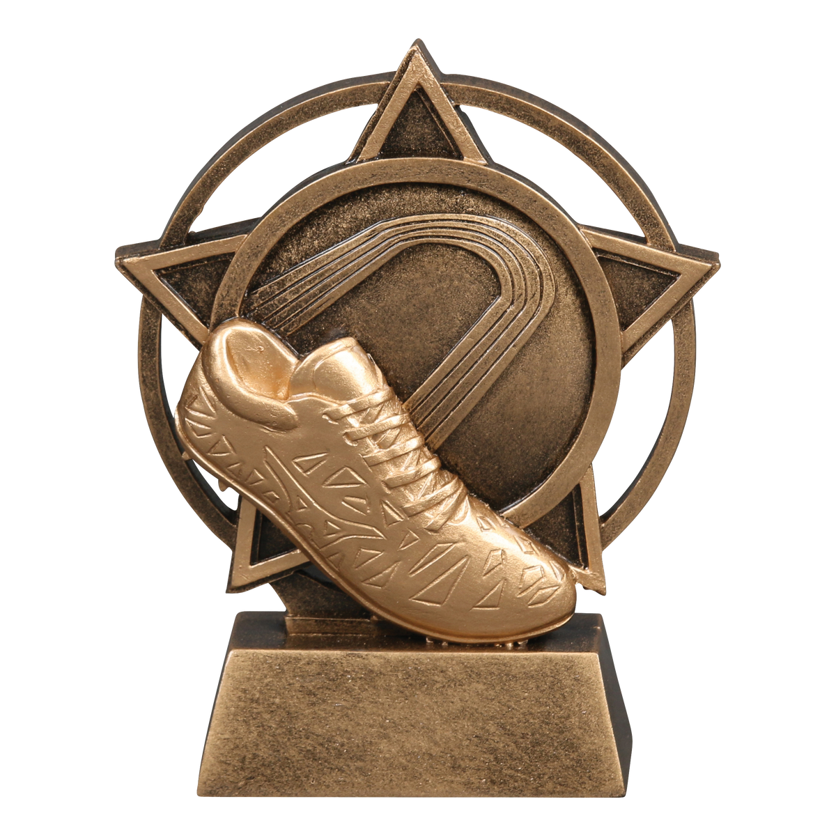 Orbit track trophy with a gold track shoe over an oval track inside a bronze star ring